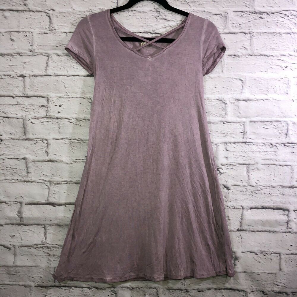 Ultra Flirt Juniors Rose Pink Criss Cross V-Neck Mini Swing T-Shirt Dress Sz XS